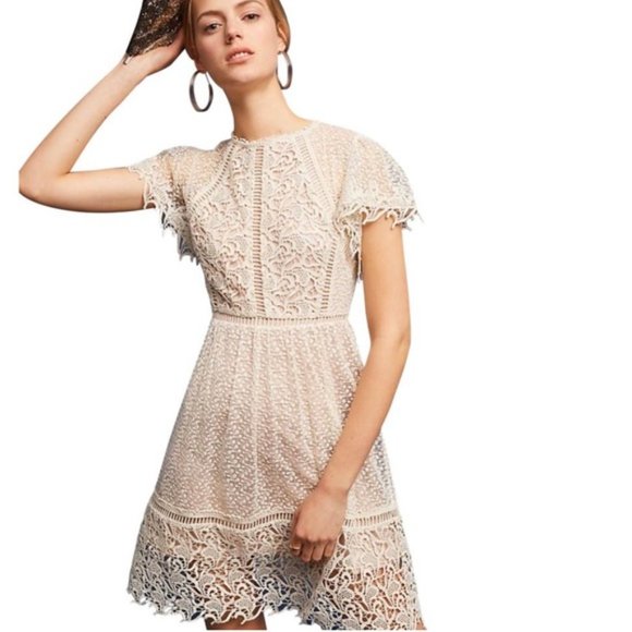 Anthropologie Ranna Gill Larissa Lace Dress Cream Ivory Short Sleeve, Sz Small - Picture 2 of 12